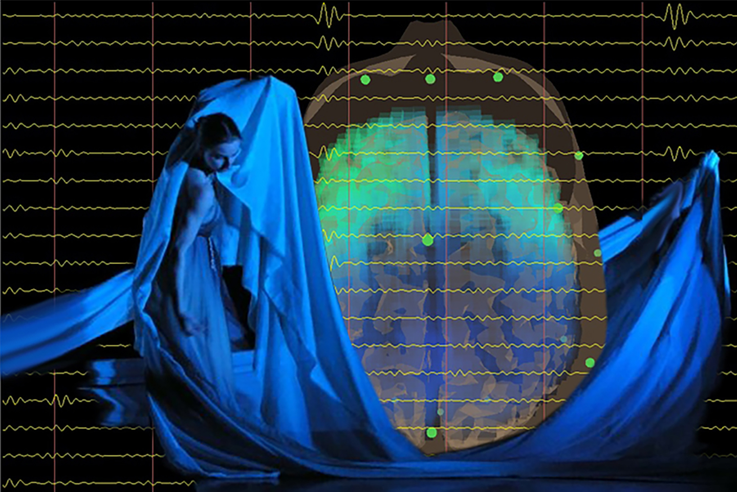 Image of a dancer in front of a projection of their own brainwaves