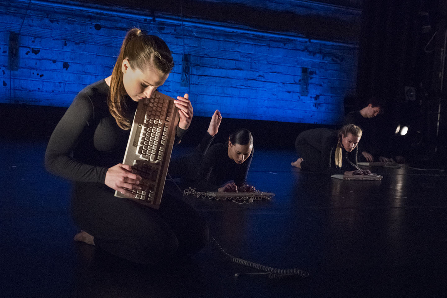 Image of 3 MorrisonDancers with old keyboards across a blue background 